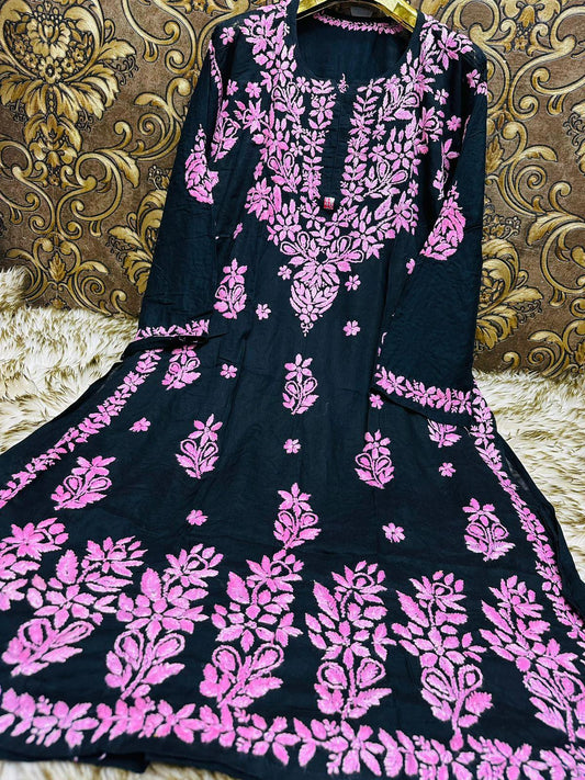 Black pink Ethereal Elegance: Lucknow Chikankari Heavy Modal Big Size Kurti - Inayakhan Shop 