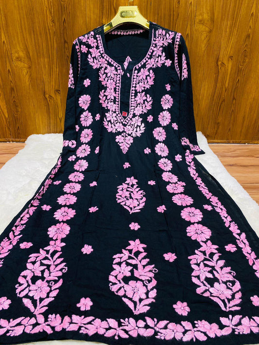 Black Pink Lucknowi Chikankari Heavy Beautiful Latest Design Modal Kurti - Inayakhan Shop 