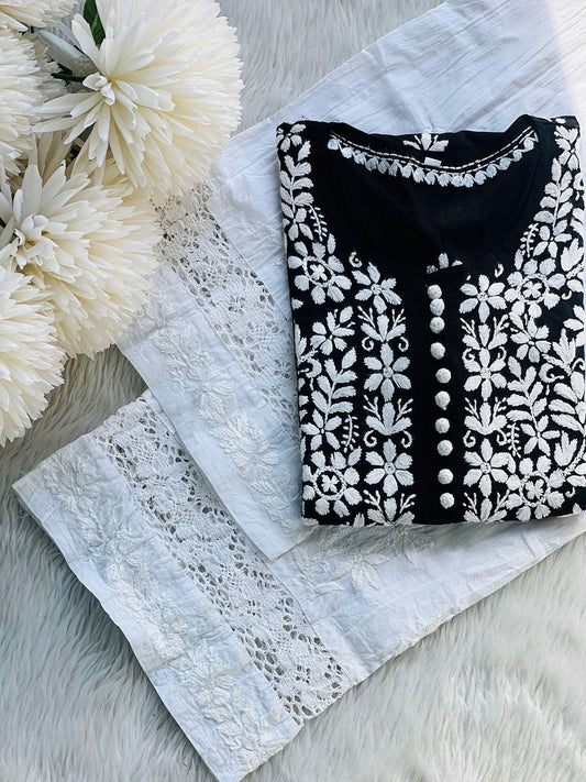 Black Premium Beautiful Modal Kurti paired with a Lace Palazzo - Inayakhan Shop 