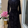 Black Premium Viscose Lucknow Chikankari Mukaish Hand Work Nyra Cut Kurti