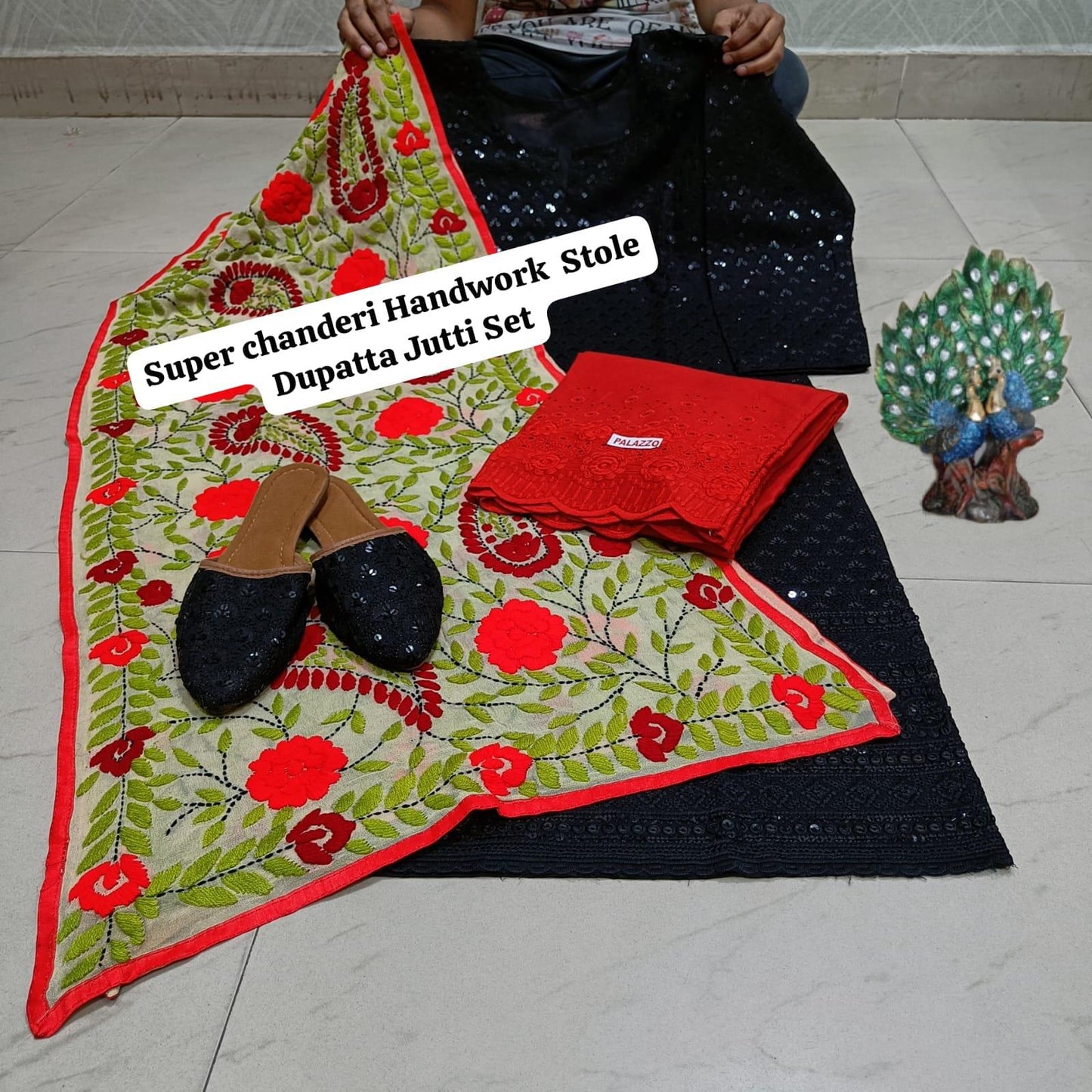 Black Pure Cambric Cotton Kurti with Beautiful Handwork Stole Dupatta Jutti Set - Inayakhan Shop 