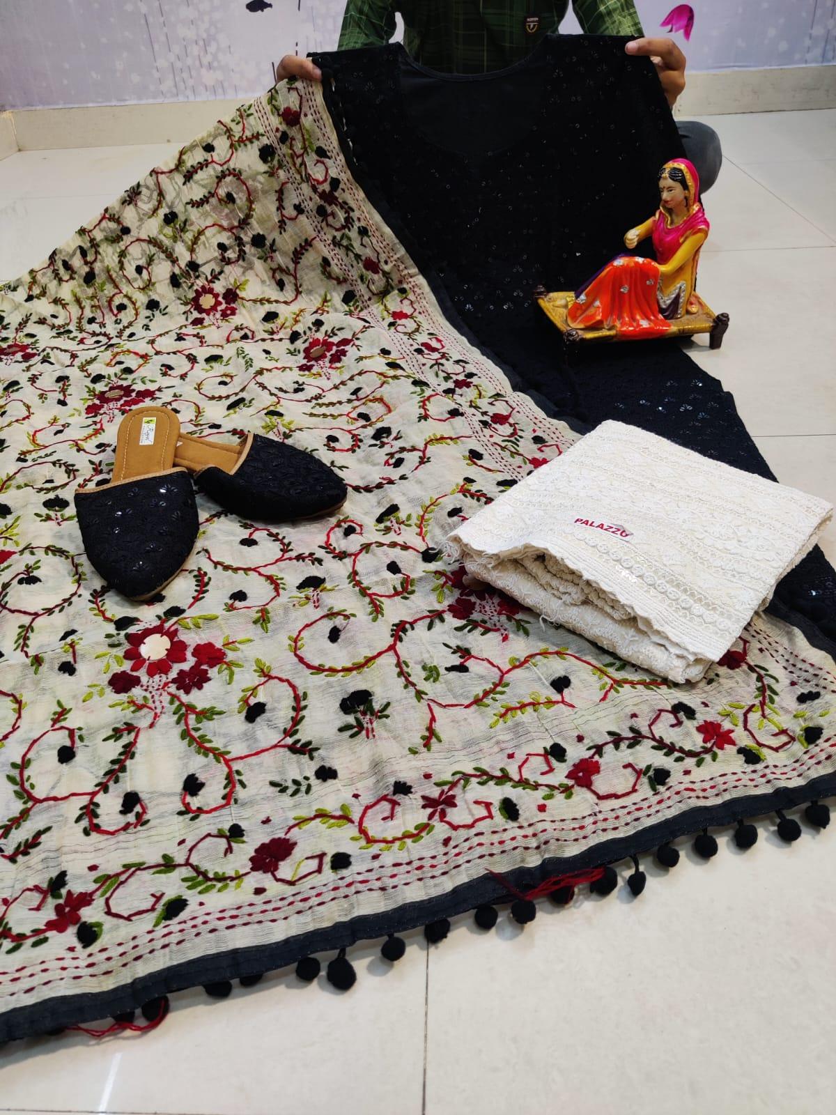 Black Pure Cotton Phulkari Suit with Beautiful Handmade Mirror Work Shopping Online - Inayakhan Shop 