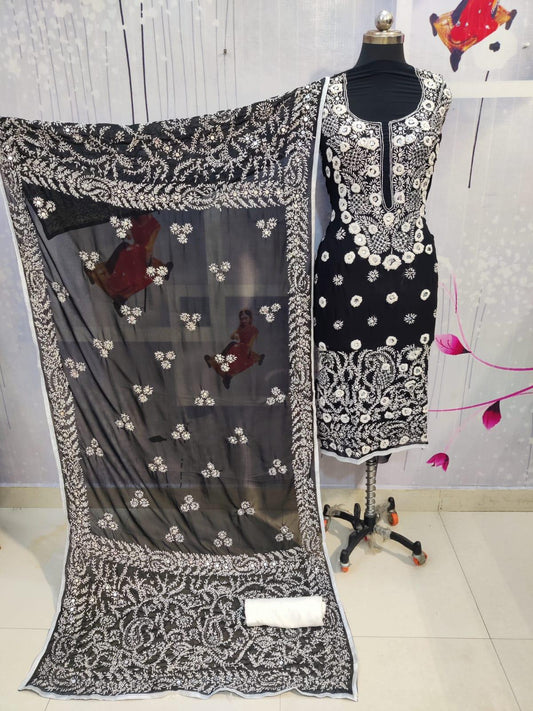 Black Pure Georgette Kashmiri Heavy Suit with Mirror Handwork Embroidery - Inayakhan Shop 