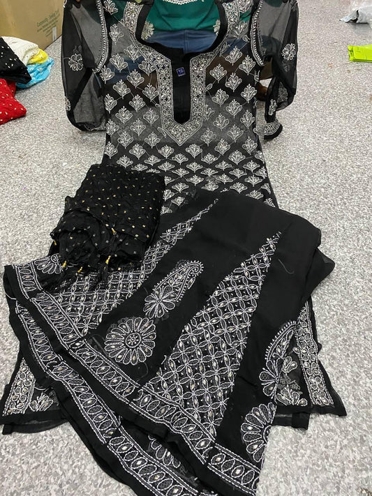 Black Radiant Reflections Ombré Booti Jaal Chikankari Set (INNER INCLUDED) - Inayakhan Shop 