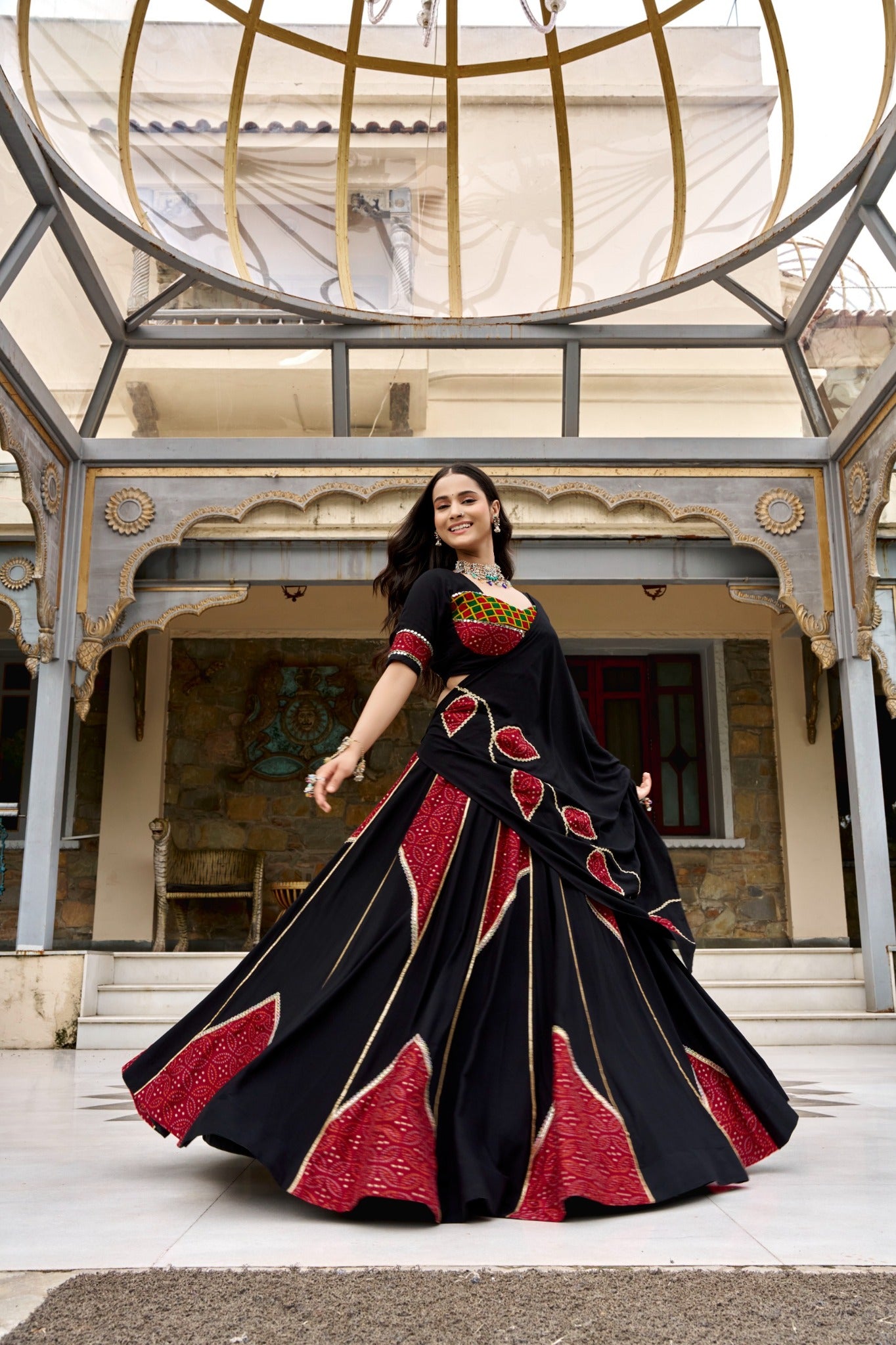 Black and red Ajrakh print Navratri lehenga choli with dupatta full look
