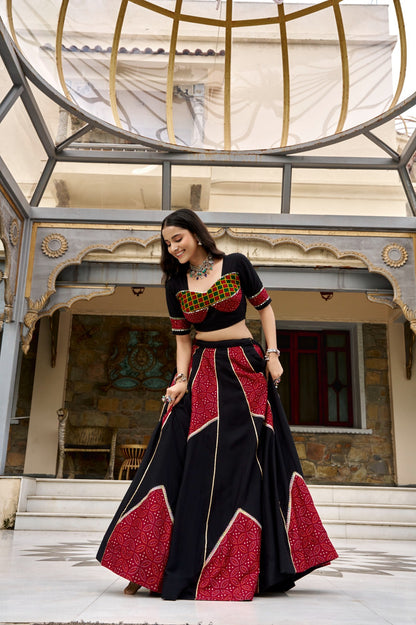 Black and red Ajrakh print Navratri lehenga choli blouse and skirt