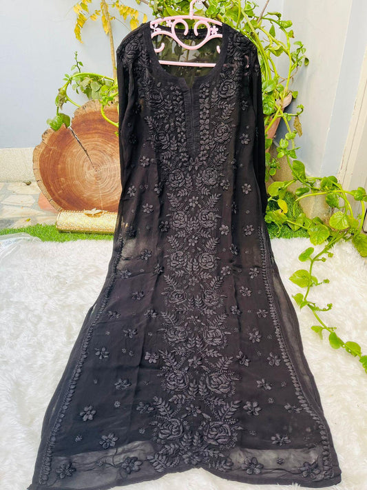 Black Rose Garden: 3D Viscose Embroidered Kurti - Inayakhan Shop 