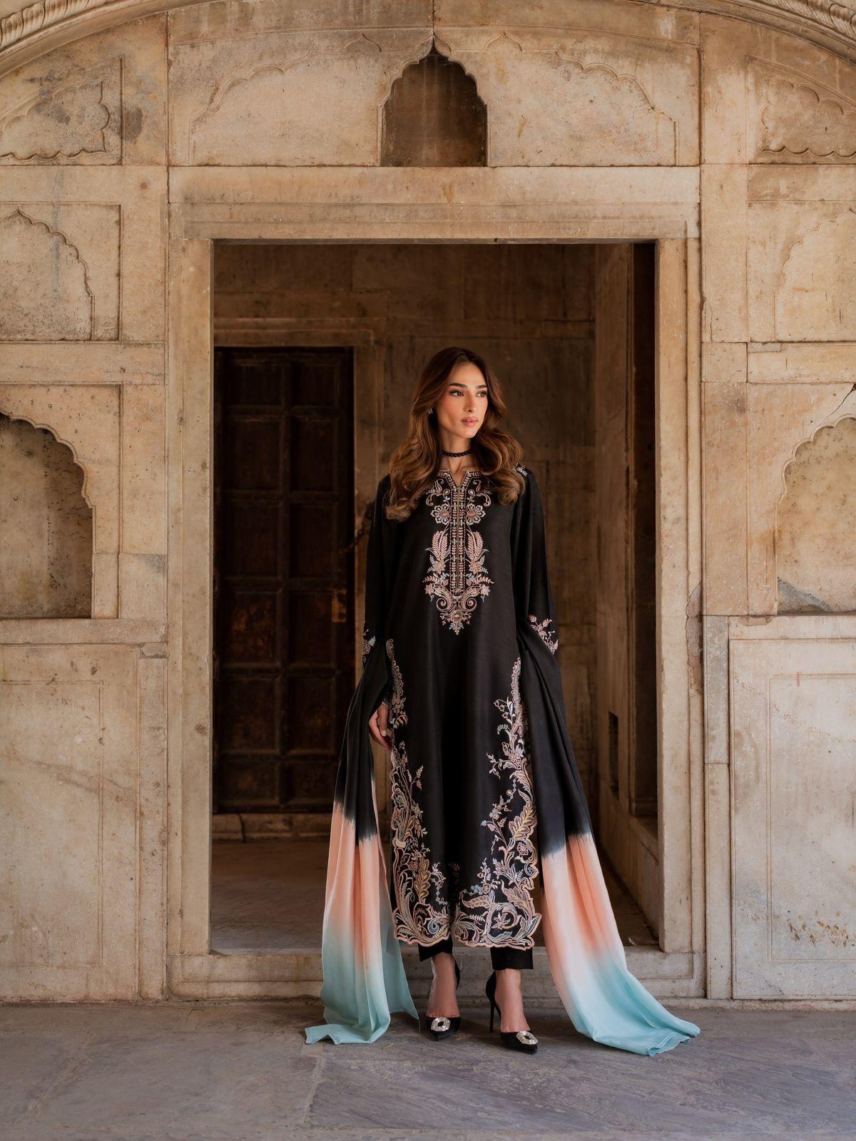 Black satin rayon embroidered long kaftan set with shaded chiffon georgette dupatta