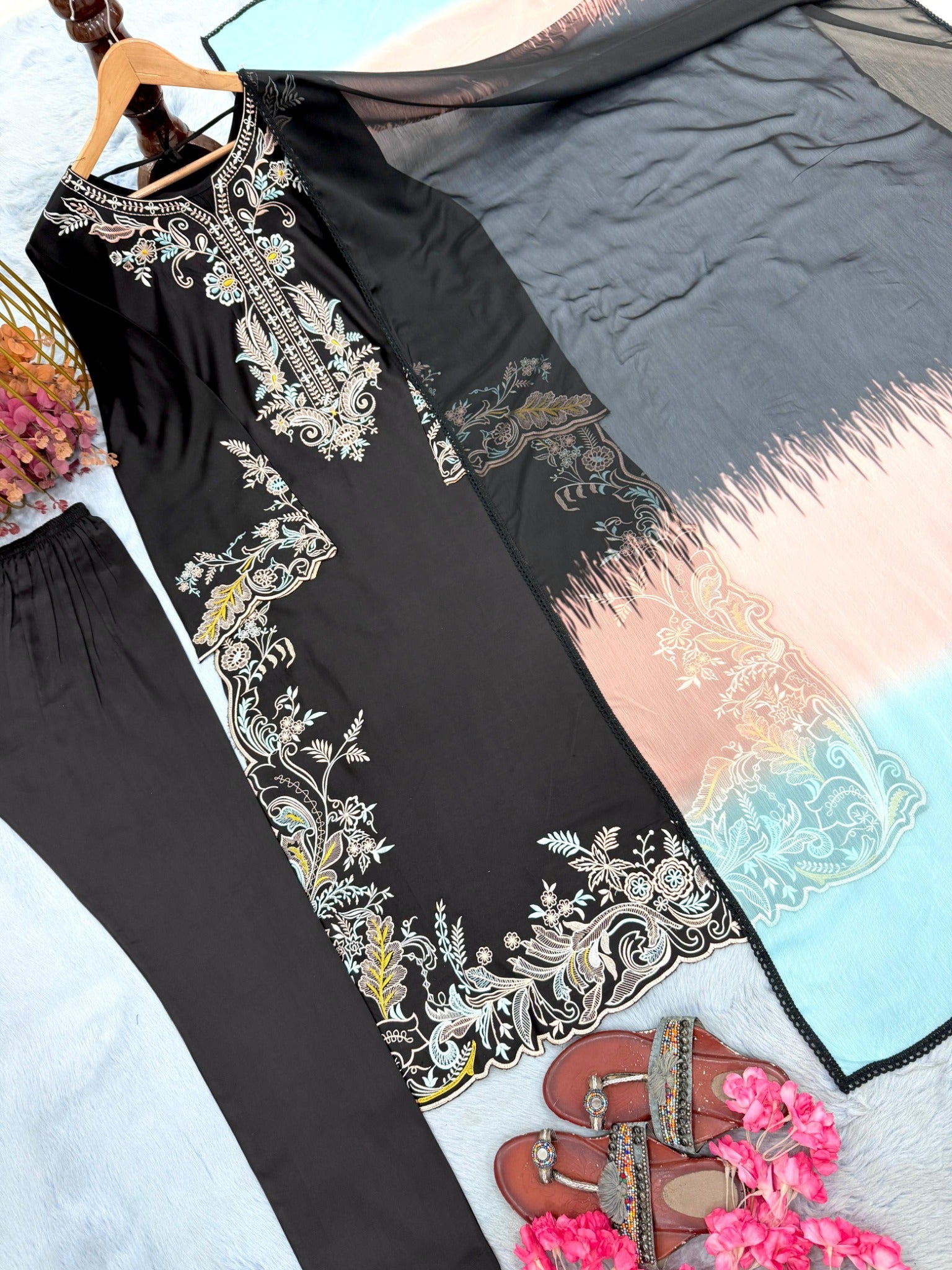 Black satin rayon kaftan embroidery cutwork and shaded dupatta detail