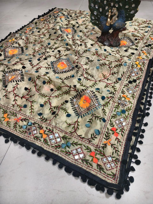 Black Silk Pom Pom Phulkari Dupatta with Exquisite Handwork Embroidery - Inayakhan Shop 