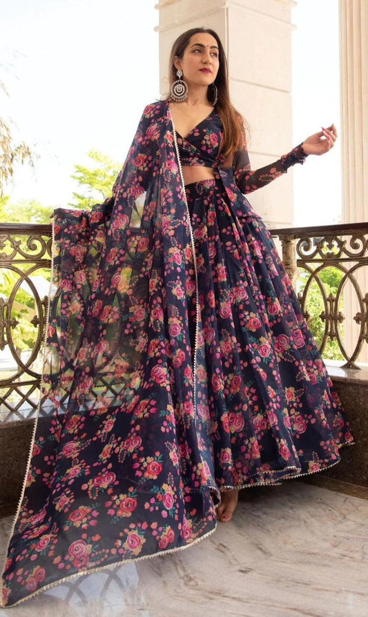 Black Summer Bloom: Floral Organza Lehenga Choli Set - Inayakhan Shop 