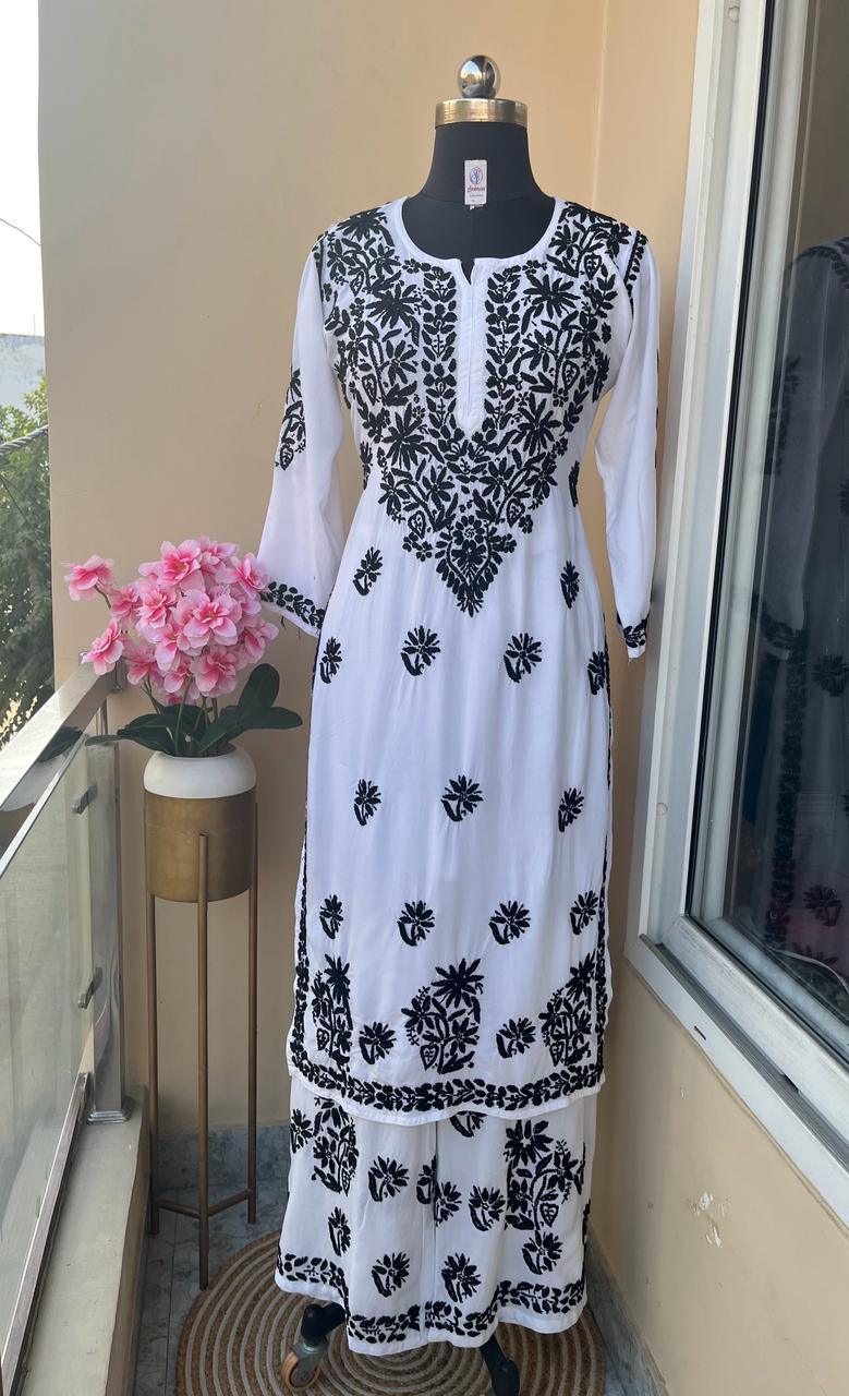 Black Thread Lucknowi Elegance Rayon Chikankari Kurti Set - Inayakhan Shop 