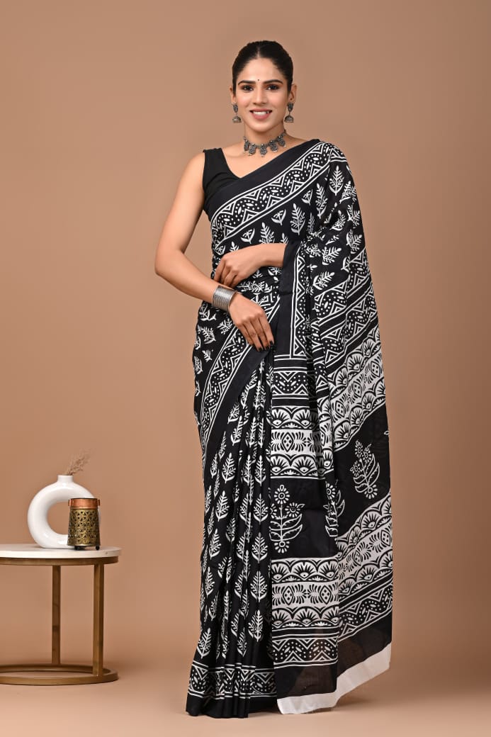 Classic Black Ajrakh Cotton Mul Handblock Print Saree with Ready-to-Wear Blouse Set