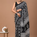Classic Black Ajrakh Cotton Mul Handblock Print Saree with Ready-to-Wear Blouse Set