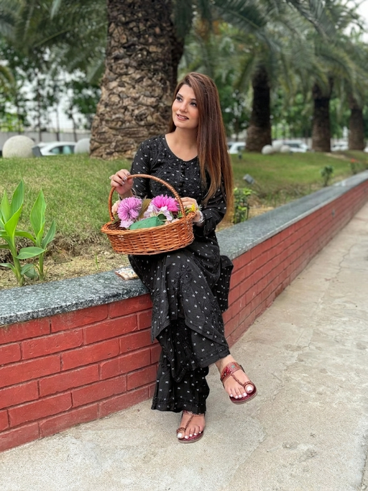 Black Handcrafted Chikankari Chanderi Silk Co-ord Set