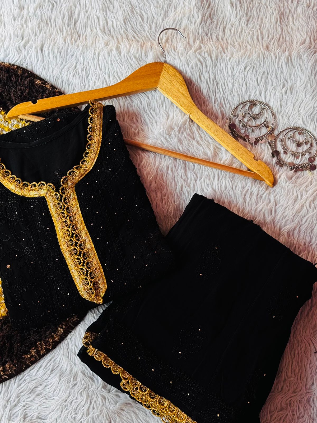 Black Premium Lucknow Chikankari Viscose Kurta, Palazzo & Dupatta Set with Mukaish and Lace Work