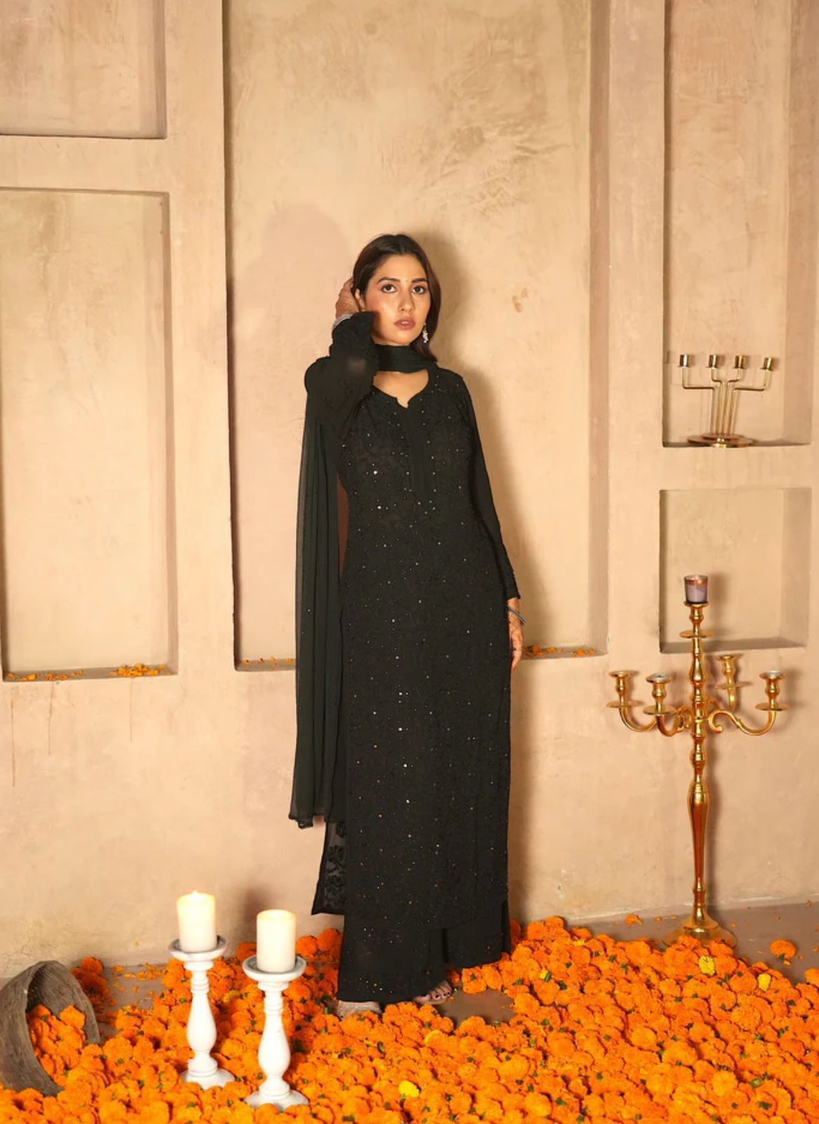 Black Lucknow Chikankari Viscose Jaal Handwork Mukaish 3 PC Set