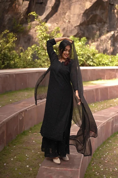 Black Elegant Viscose Lucknow Chikankari Handwork Ensemble (New)