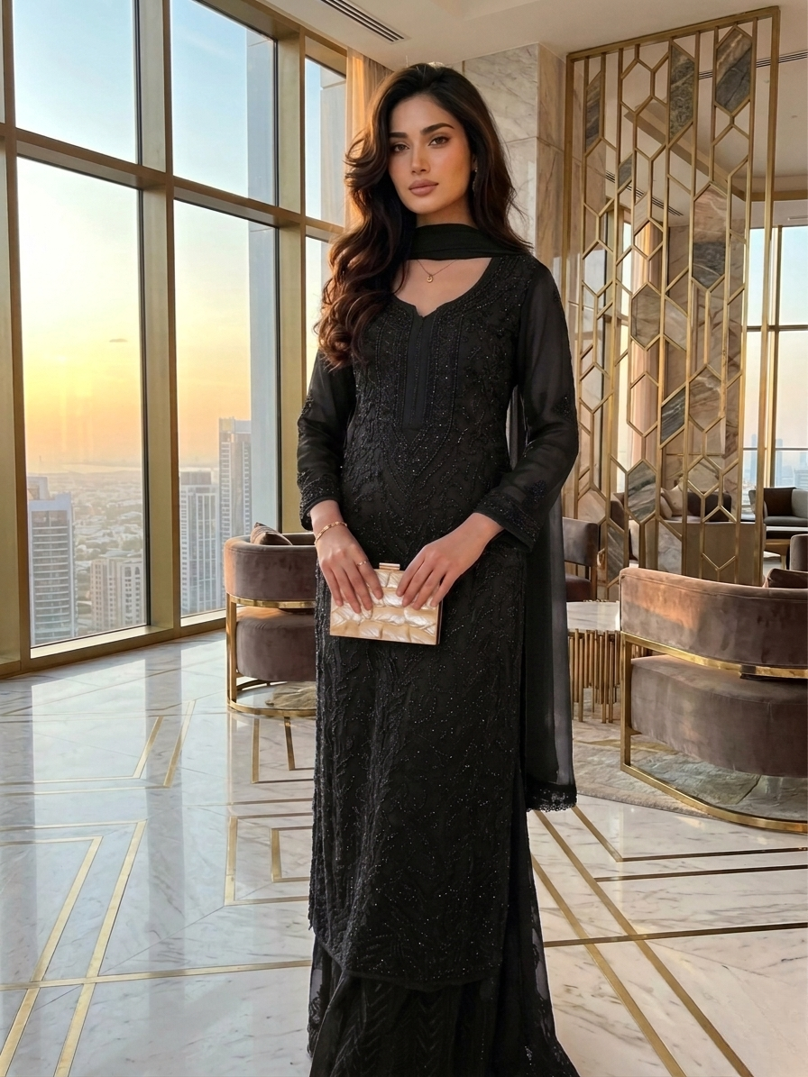 Classic Black Ethereal Viscose Chikankari & Mukaish Work Ensemble