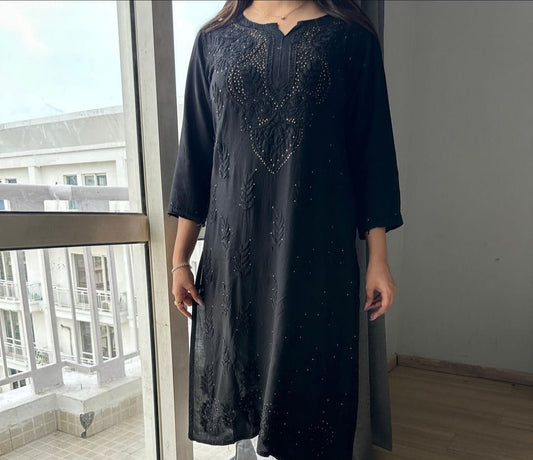 Black Elegant Lucknowi Chikankari Rayon Mukaish Kurti & Pallazo Set ✨ (Up to 5XL)