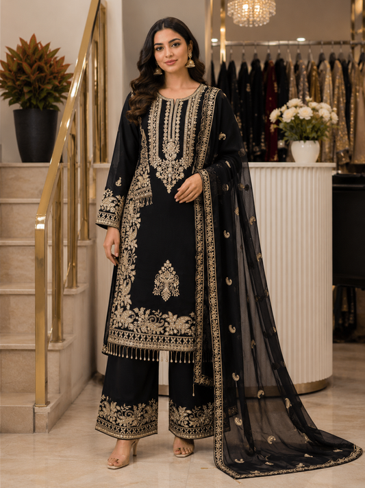 Black Heavy Faux Georgette Embroidered Sequin Top Palazzo Dupatta Set