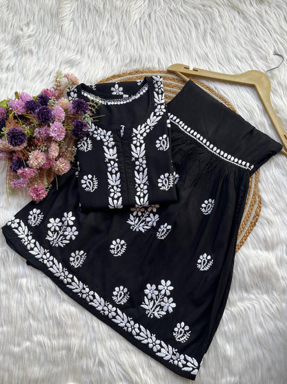 Black Premium Kurti & Gharara Co-ord Set – Lucknow Chikankari Handwork