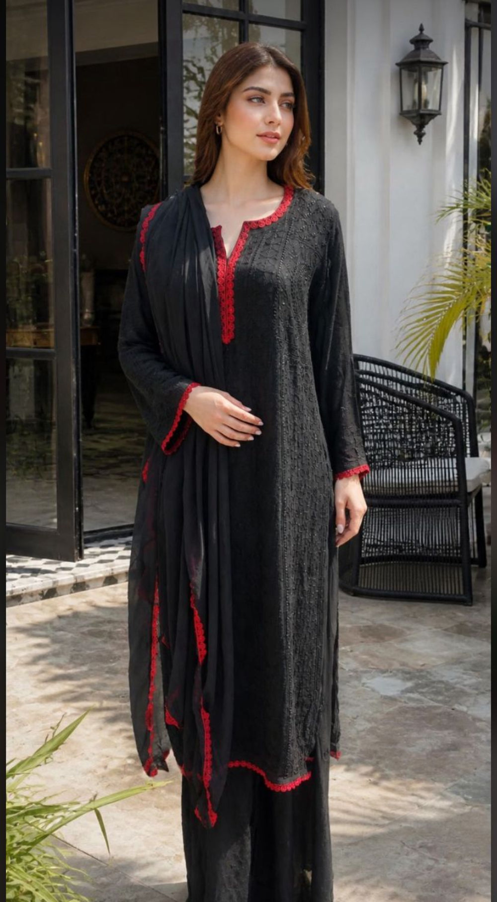 Black and Red Border Chikankari Elegance Ensemble (New)