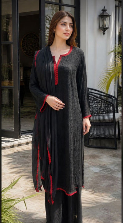 Black and Red Border Chikankari Elegance Ensemble (New)