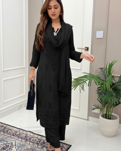 Classic Black Ethereal Dyeable Modal Chikankari Kurta Set