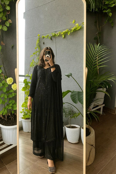 Black Regal Embroidered Viscose Chikankari Kurta Set with Mukaish Work