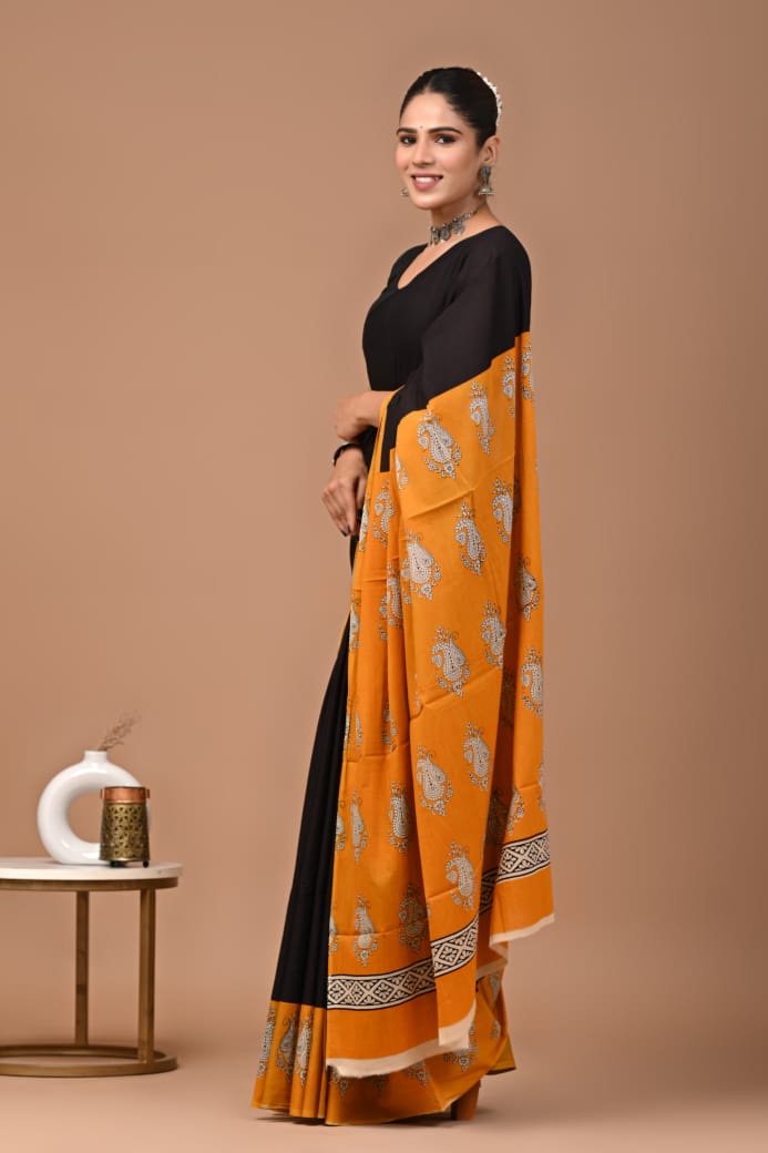 Orange Black Ajrakh Cotton Mul Handblock Print Saree with Ready-to-Wear Blouse Set