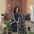 Black Embroidered Star Georgette Indian Gown with Dupatta Set
