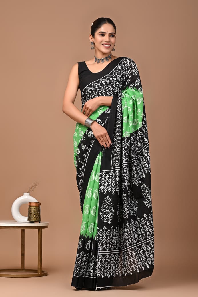 Green Black Ajrakh Cotton Mul Handblock Print Saree with Ready-to-Wear Blouse Set