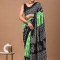 Green Black Ajrakh Cotton Mul Handblock Print Saree with Ready-to-Wear Blouse Set