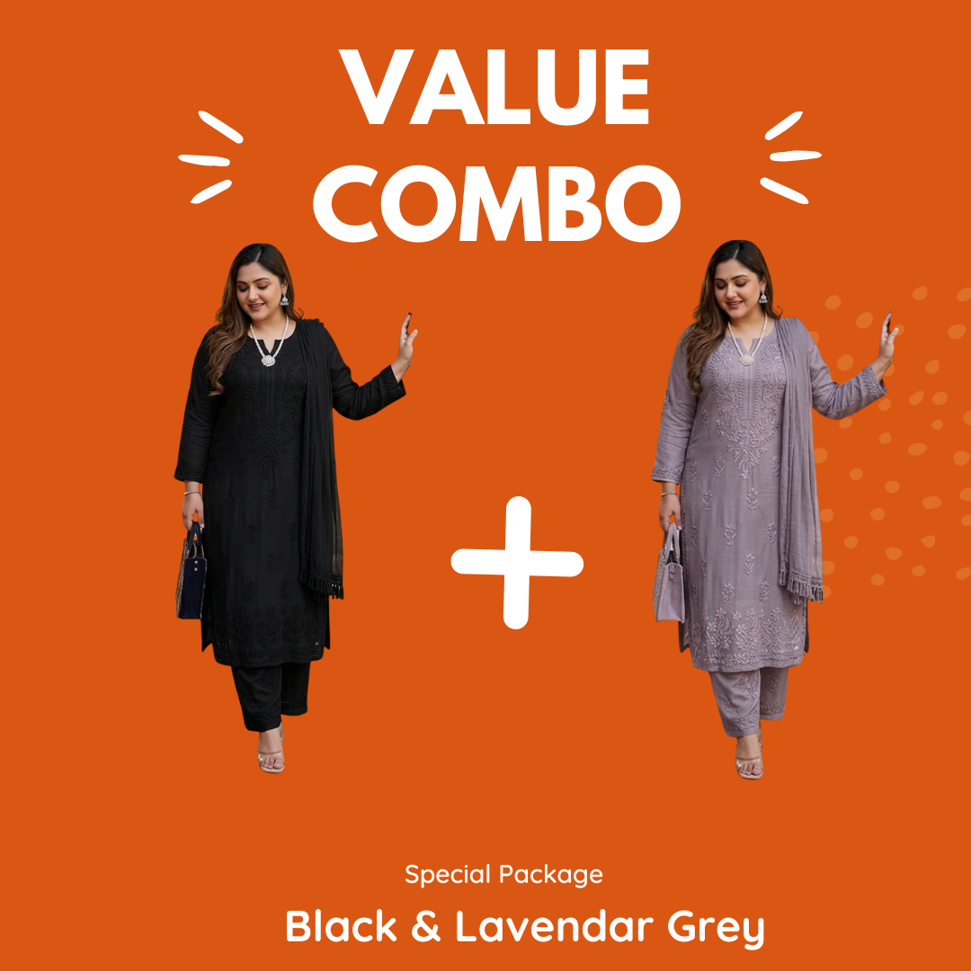 Value Combo Black & Lavendar Grey 3 pc Chikankari Sets Plus Sizes