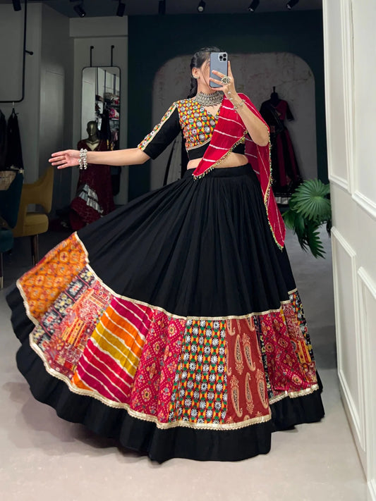 Black Gamthi Work Navratri Garba Chaniya Choli with Silk Dupatta