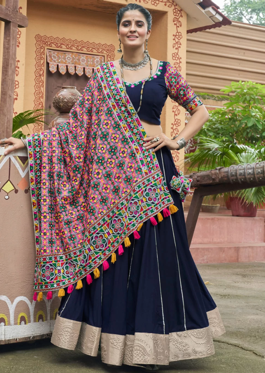 Black Viscose Rayon Navratri Garba Chaniya Choli with Dupatta