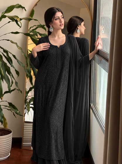 Premium Black Resham Viscose Jaal Kurti, Palazzo & Dupatta Set (New)