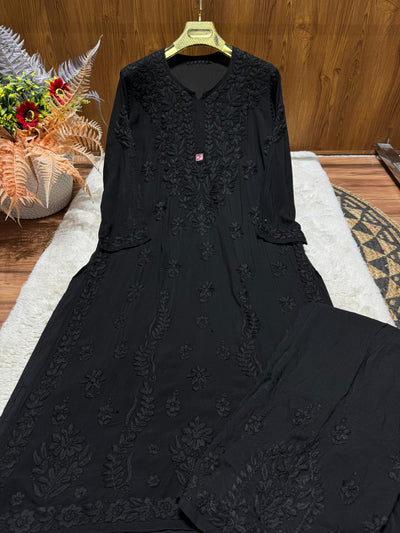 Classic Black Plus Size Lucknow Chikankari Modal Kurti with Palazzo Set