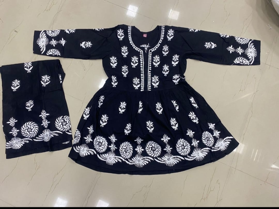 Black Chikankari Cotton Short Kurti Palazzo Set