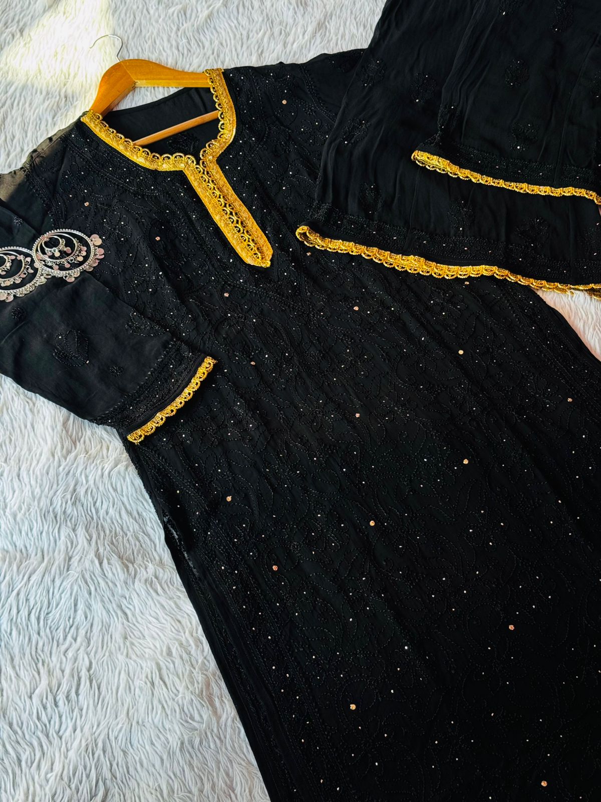 Black Premium Lucknow Chikankari Viscose Kurta, Palazzo & Dupatta Set with Mukaish and Lace Work