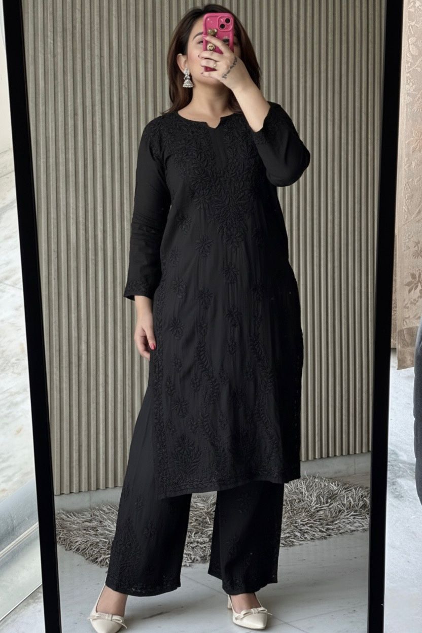 Classic Black Plus Size Lucknow Chikankari Modal Kurti with Palazzo Set