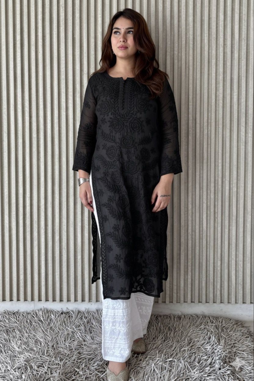 Black Lucknowi Chikankari Rose Viscose Georgette Kurta Set