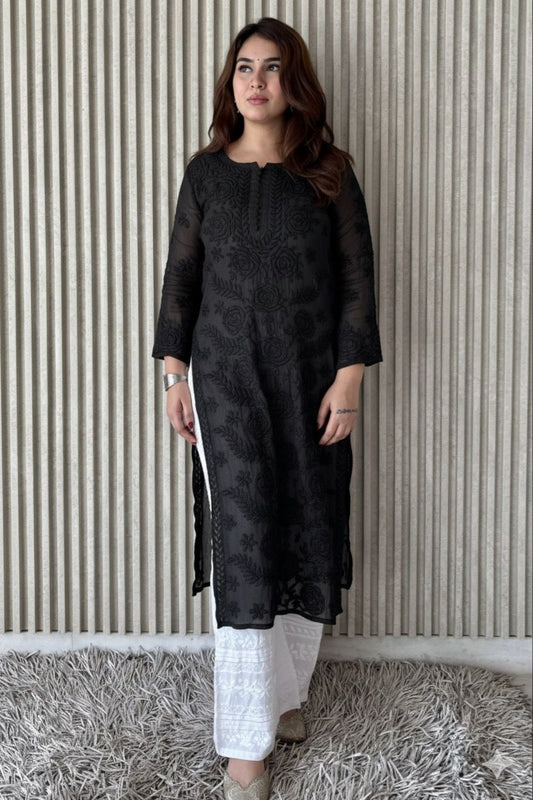 Black Lucknowi Chikankari Rose Viscose Georgette Kurta Set