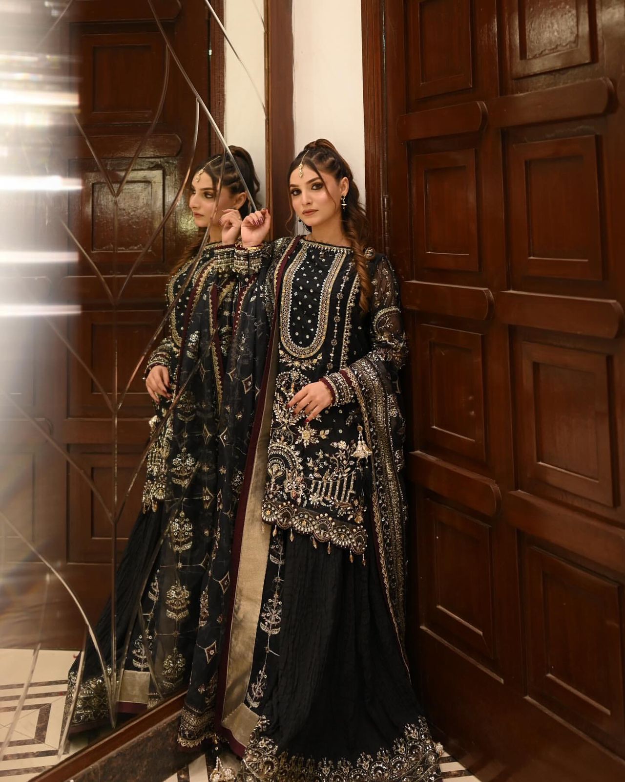 Black Designer Party Wear Heavy Faux Georgette Top, Palazzo Dupatta Set