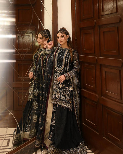 Black Designer Party Wear Heavy Faux Georgette Top, Palazzo Dupatta Set