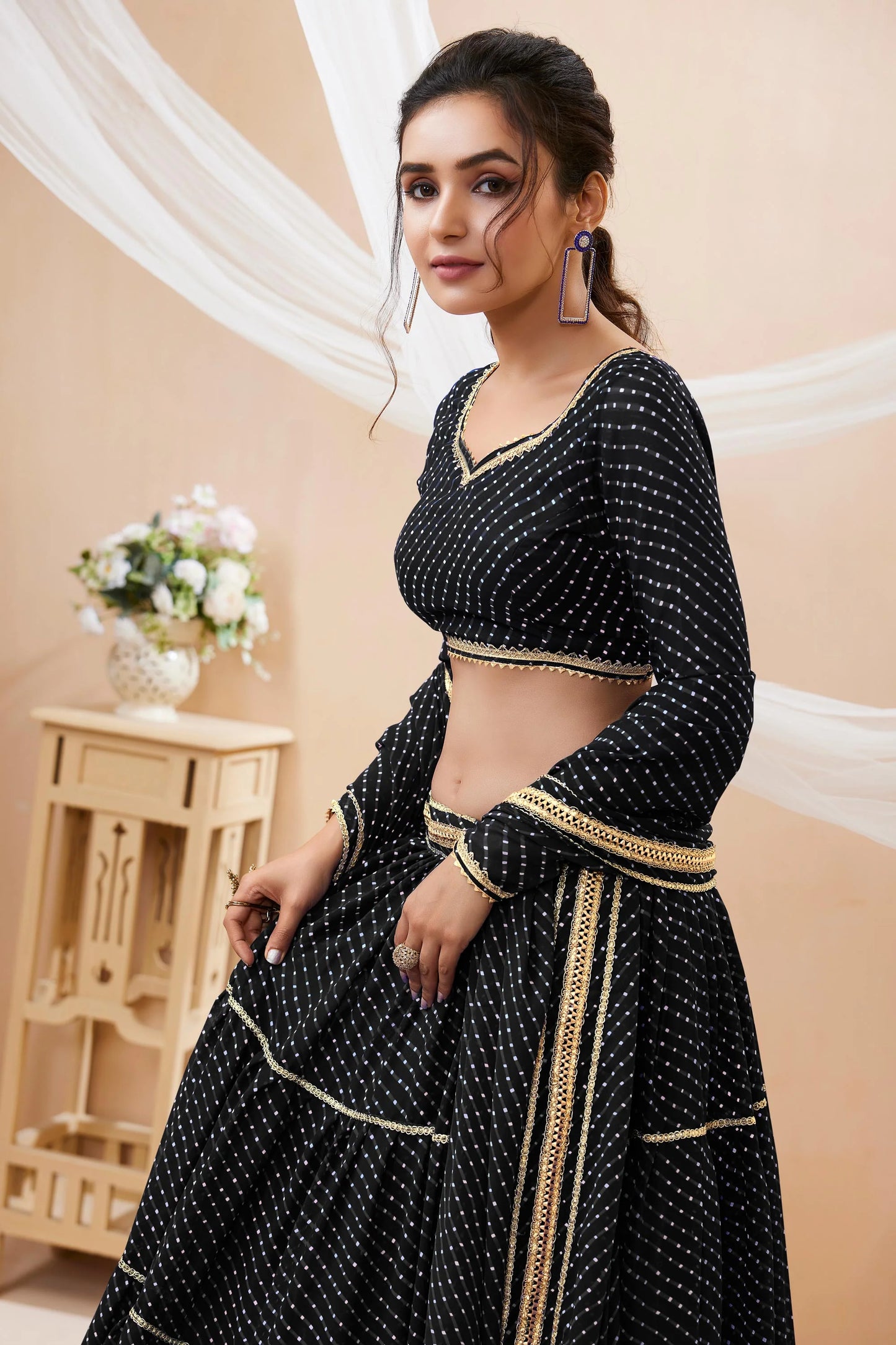 Black  Leheriya Print Wide Flair Navratri Lehenga Choli