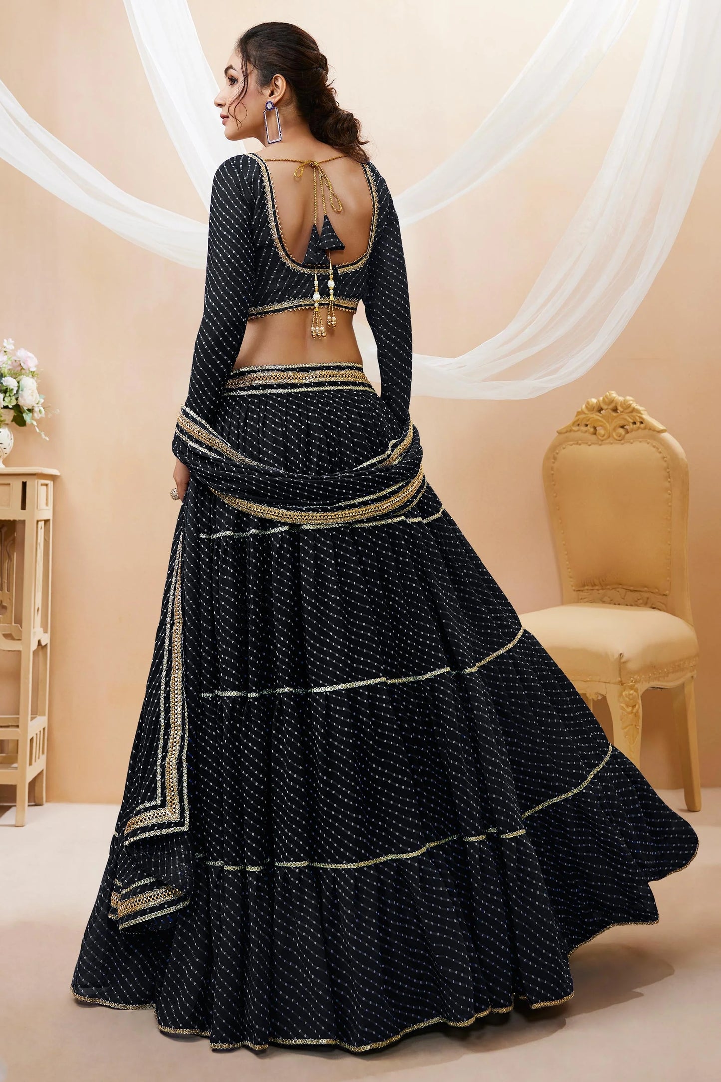 Black  Leheriya Print Wide Flair Navratri Lehenga Choli