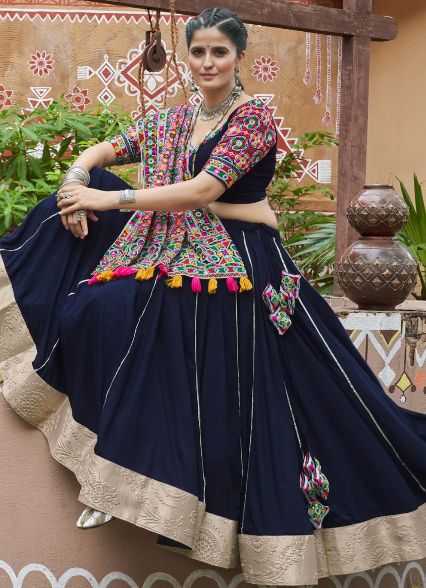 Black Viscose Rayon Navratri Garba Chaniya Choli with Dupatta