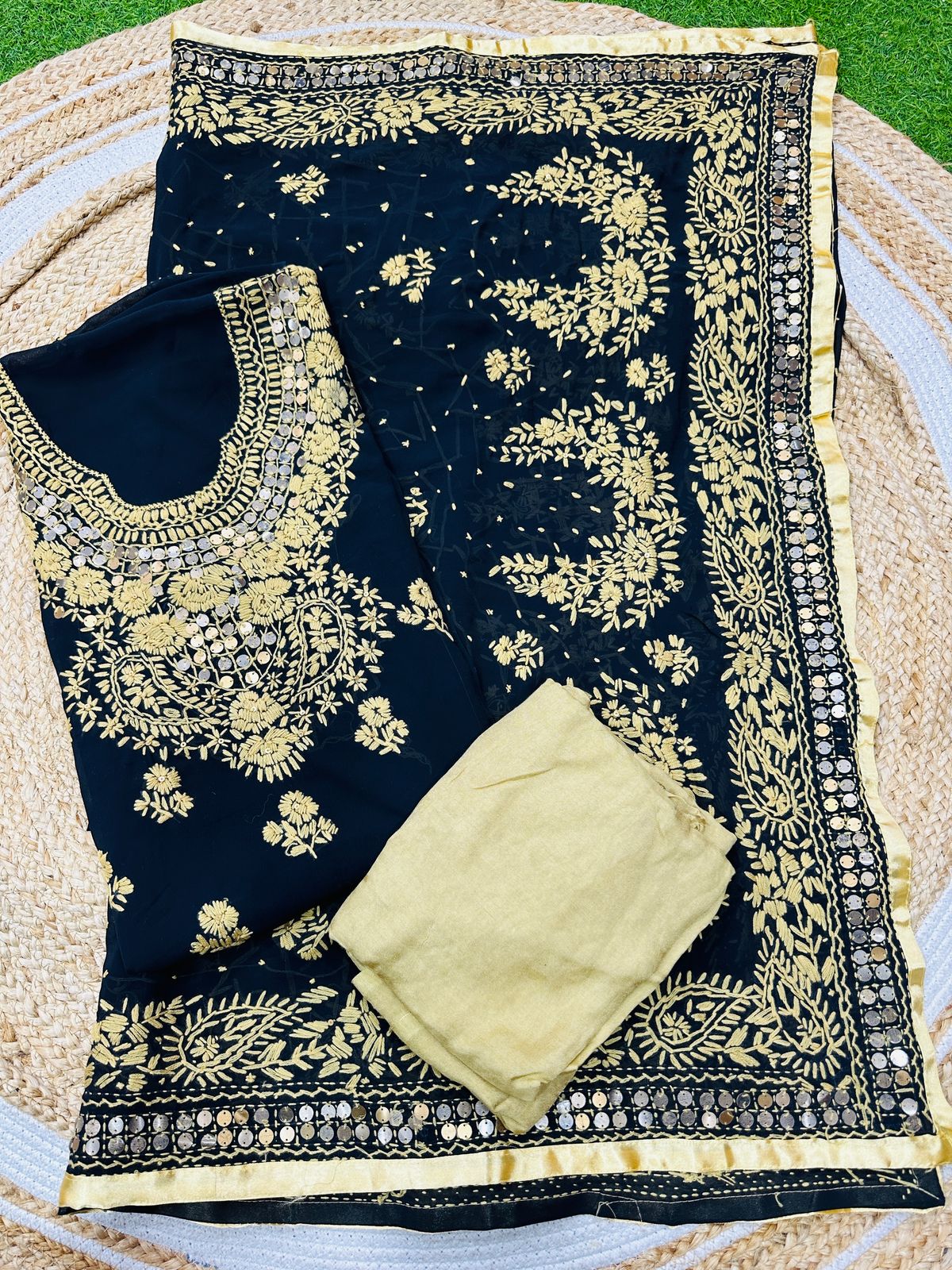 Black Multicolor Beautiful Super Georgette Kantha Work Suits Stitched